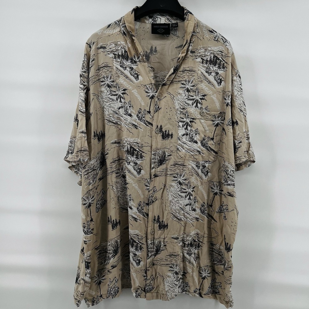 Harley Davidson Shirt Men's XL Hawaiian Motorcycle Aloha Palm Trees Rayon Surf
